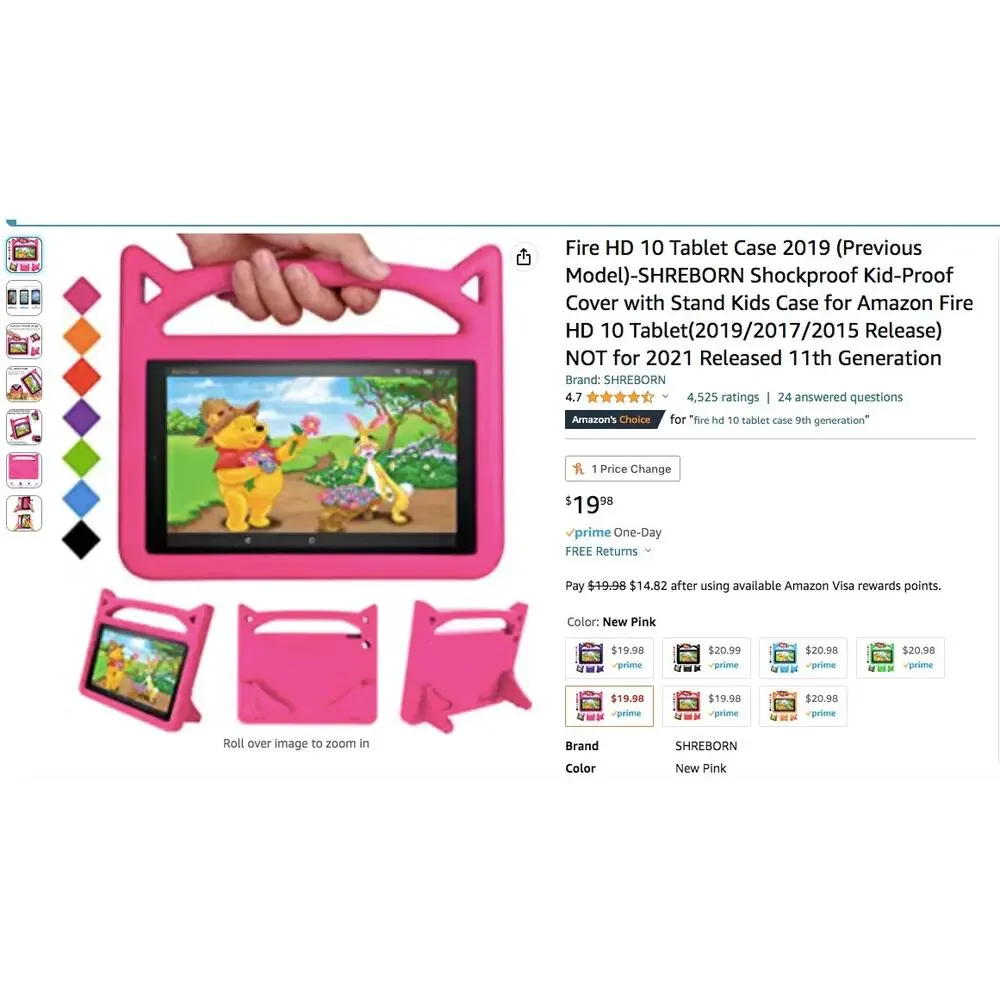 Shreborn Fire HD 10 Pink Cat Ear Tablet Carrying Case Kid Proof 11 Generation